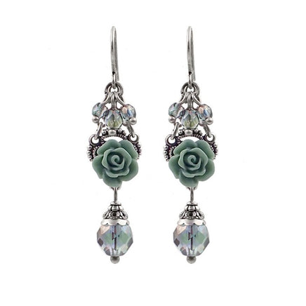 Dusty Seafoam Resin Rose Earrings with Czech Glass Beads and Antiqued Silver Plated Brass Filigree