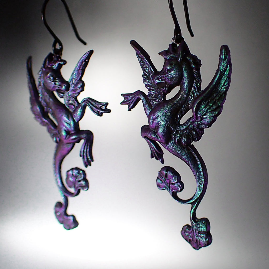 Iridescent Dark Color Shifting Mythological Seahorse Earrings