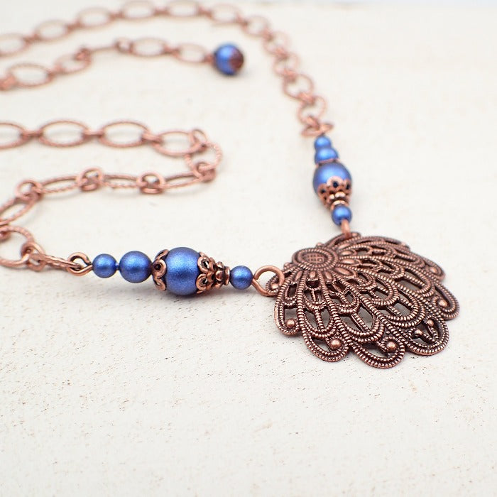 Copper Filigree Seashell Necklace with Blue Crystal Simulated Pearls