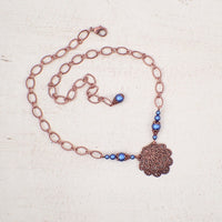 Copper Filigree Seashell Necklace with Blue Crystal Simulated Pearls