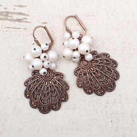 Copper Seashell Filigree Cluster Earrings with Pearlescent White Pearls
