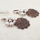 Copper Seashell Filigree Cluster Earrings with Pearlescent White Crystal Pearls
