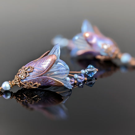 Iridescent Lavender and Blue Lucite Flower Earrings with Crystal Beads