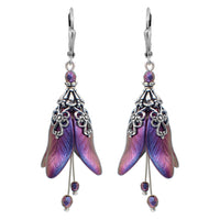 Iridescent Flower Earrings in Blue, Purple, and Fuchsia with Antiqued Silver Filigree