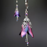 Iridescent Flower Earrings in Color-Shifting Blue, Purple, and Fuchsia with Antiqued Silver Filigree