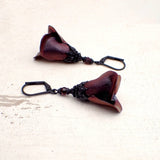 Iridescent Black and Red Color Shifting Flower Earrings, Gothic Victorian Style Tulips with Black Metal and Garnet Crystals