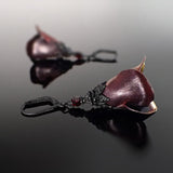 Iridescent Black and Red Color Shifting Flower Earrings, Gothic Victorian Style Tulips with Black Metal and Garnet Crystals