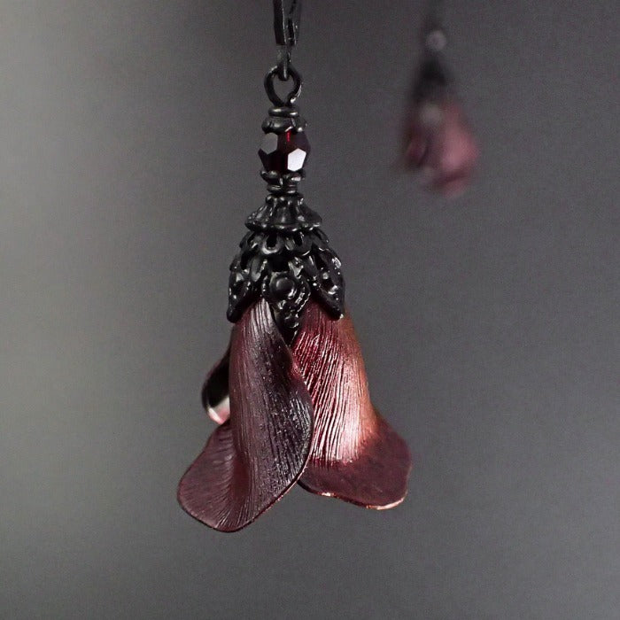 Iridescent Black and Red Color Shifting Flower Earrings