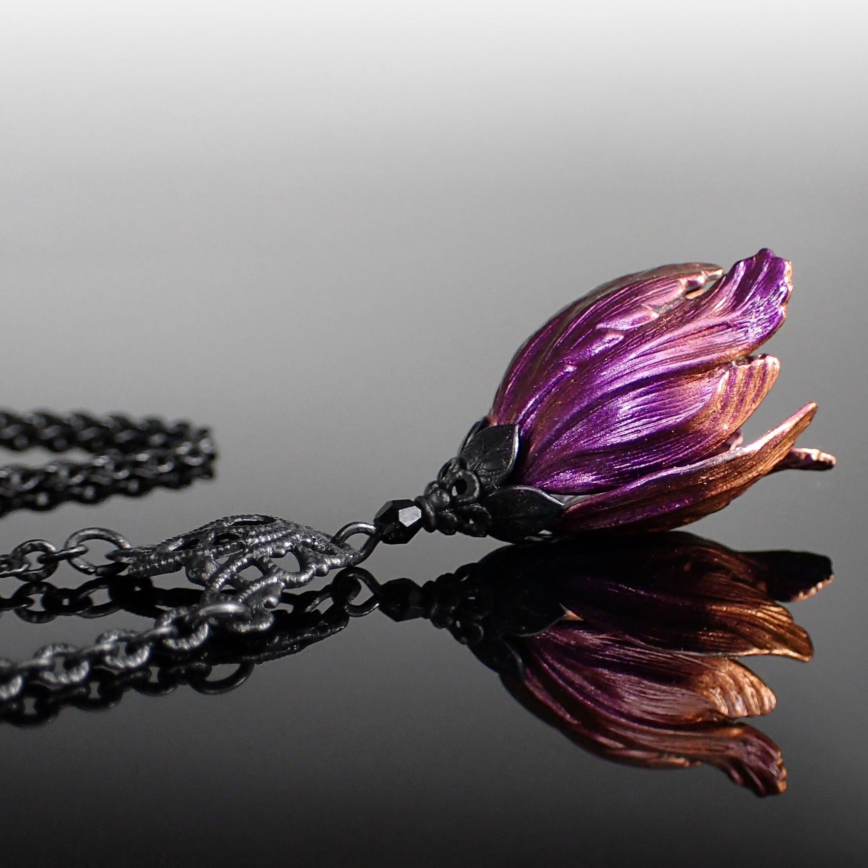 Iridescent Color Shifting Flower Necklace with Gothic black metal