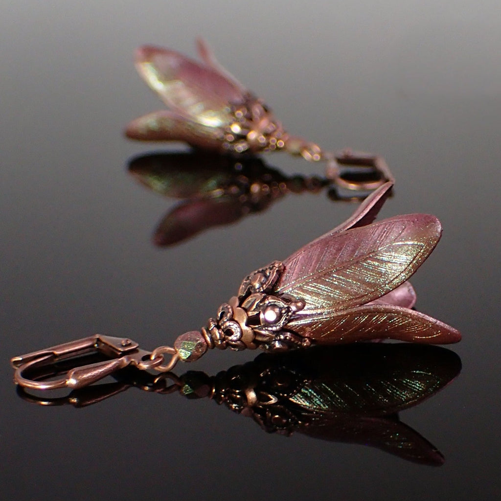 Shimmering Green and Pink Long Victorian Flower Lever Back Earrings with Vintage Style USA-made Antiqued Copper
