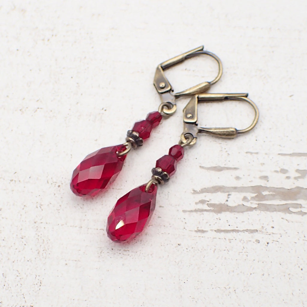 Victorian Style Dark Red Crystal Earrings with Antique Bronze Metal