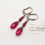 Victorian Style Dark Red Crystal Earrings with Antique Bronze Metal