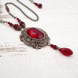 Dark Red and Bronze Crystal Victorian Style Necklace