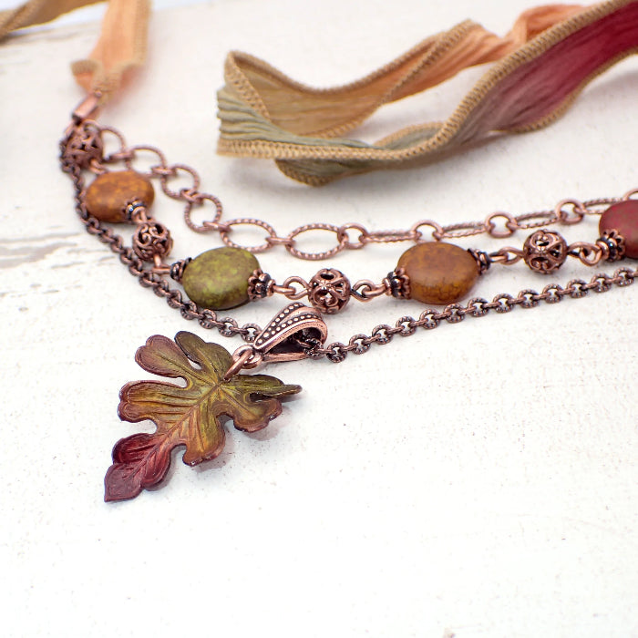 Autumn Oak Leaf Necklace with Antiqued Copper Chain, Hand Dyed Silk Tie, and Artisan Czech Glass Beads