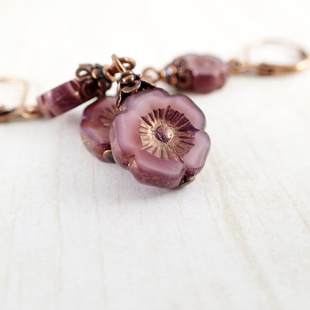 Silky Dark Rose Pink Flower Earrings - detail view