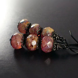Translucent Rose and Ivory Colored Artisan Czech Glass Stacked Rondelle Earrings with Black Metal
