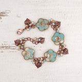 Czech Glass Beaded Bracelet with Artisan Flower Beads, Mint Green and Champagne