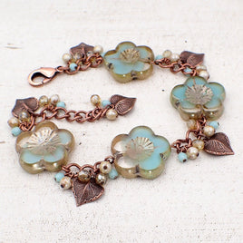 Czech Glass Beaded Bracelet with Artisan Table-cut Flower Beads, Mint Green and Champagne Beaded Clusters with Antiqued Copper Leaf Charms