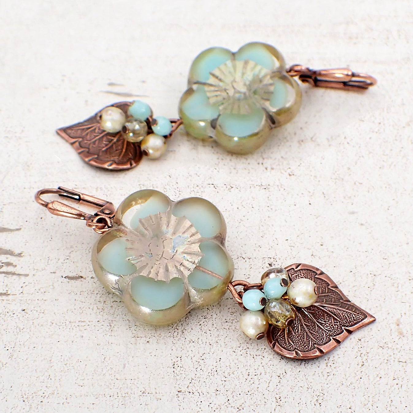 Czech Glass Earrings with Artisan Flower Beads, Mint Green and Champagne with antiqued copper leave charms