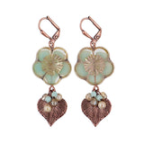 Czech Glass Earrings with Artisan Flower Beads, Mint Green and Champagne