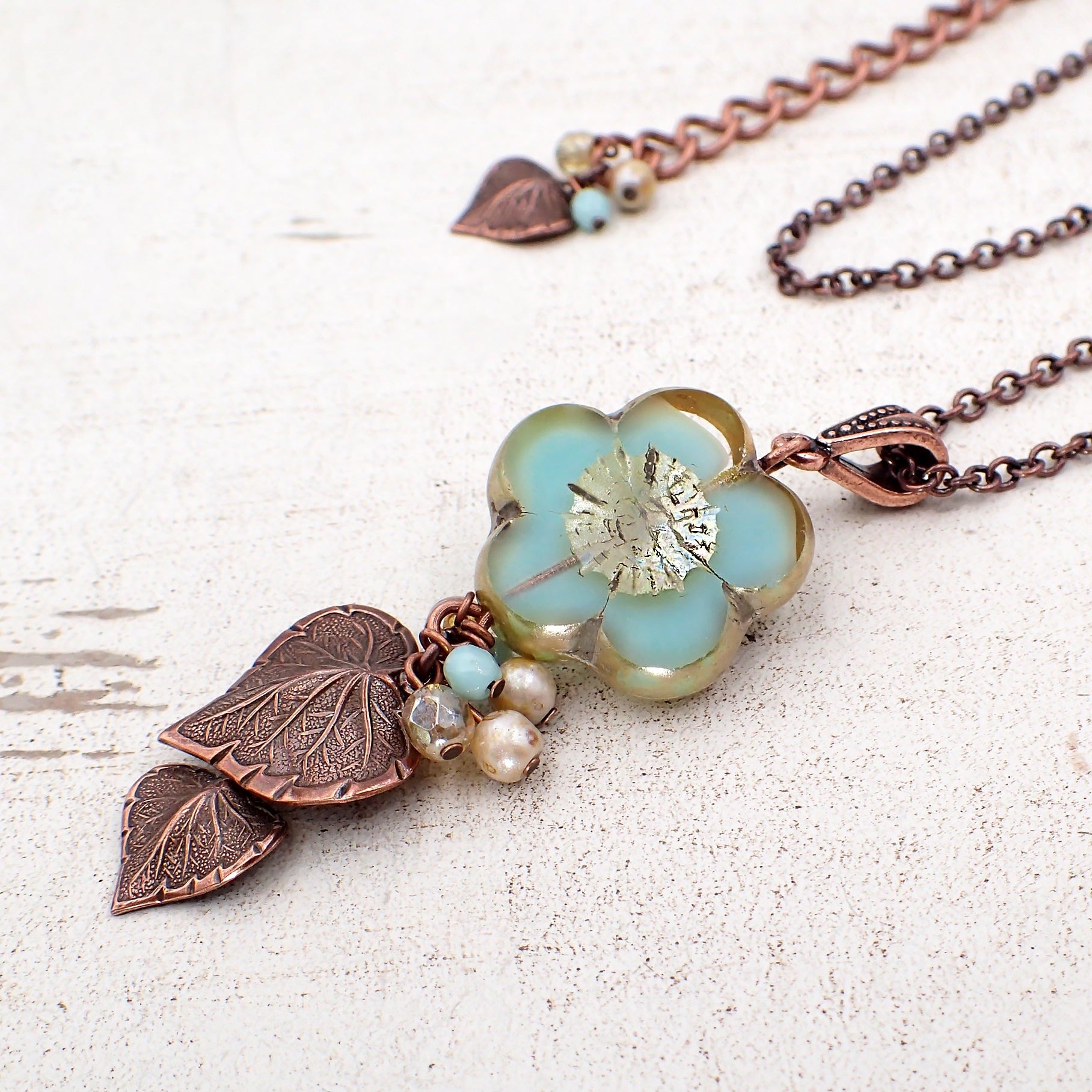 Czech Glass Pendant Necklace with Artisan Flower Beads, Mint Green and Champagne 32 Inches / 3 Inches