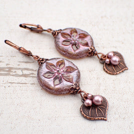 Czech Glass Earrings with Artisan Table-cut Flower Beads, Powder Pink Simulated Crystal Pearls, and Antiqued Copper Leaf Charms