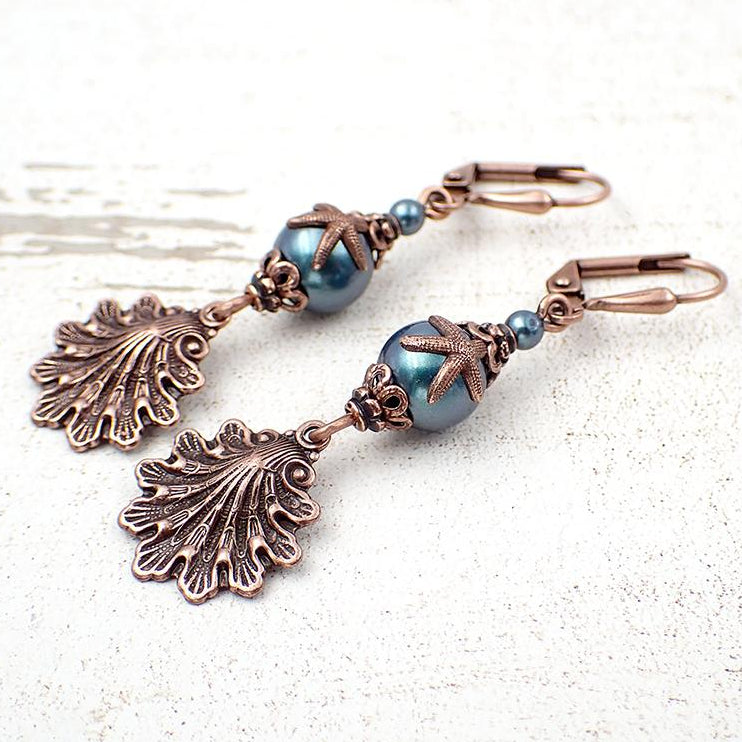 Teal Crystal Pearl Earrings with Starfish and Seashells