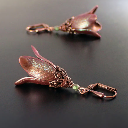 Shimmering Green and Pink Long Victorian Flower Lever Back Earrings with Vintage Style USA-made Antiqued Copper