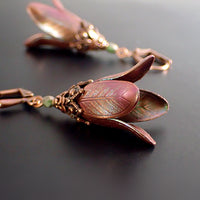 Shimmering Green and Pink Long Victorian Flower Lever Back Earrings with Vintage Style USA-made Antiqued Copper