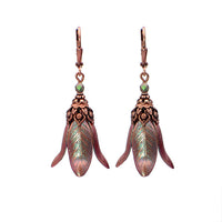 Shimmering Green and Pink Long Victorian Flower Lever Back Earrings with Vintage Style USA-made Antiqued Copper