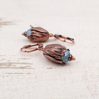 Antiqued Copper Vintage Style Tulip Earrings with Teal Czech Glass Beads