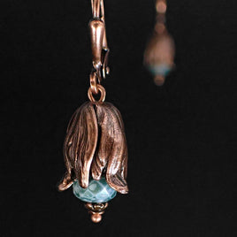 Antiqued Copper Vintage Style Tulip Earrings with Teal Czech Glass Beads