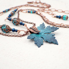 Hand Painted Maple Leaf Necklace with Teal Crystals