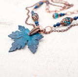 Hand Painted Maple Leaf Necklace with Teal Crystal Beads