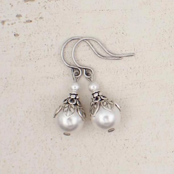 White Crystal Pearl Earrings with Antiqued Silver Metal