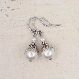 White Earrings with Pearls and Antiqued Silver Metal