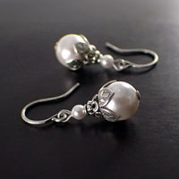 White Crystal Pearl Earrings with Antiqued Silver Metal