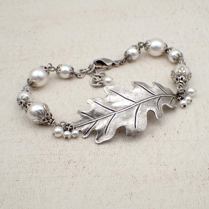 Antiqued Silver Oak Leaf Bracelet with White Crystal Simulated Pearls