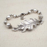 Antiqued Silver Oak Leaf Bracelet with White Crystal Pearls