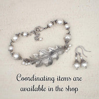 Antiqued Silver Oak Leaf Bracelet with White Crystal Simulated Pearls