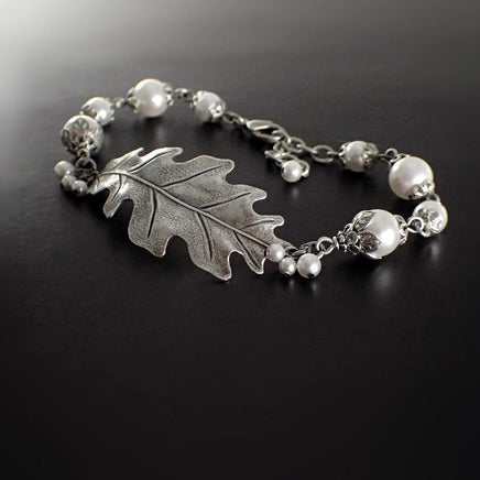 Antiqued Silver Oak Leaf Bracelet with White Crystal Pearls handmade jewelry vintage style